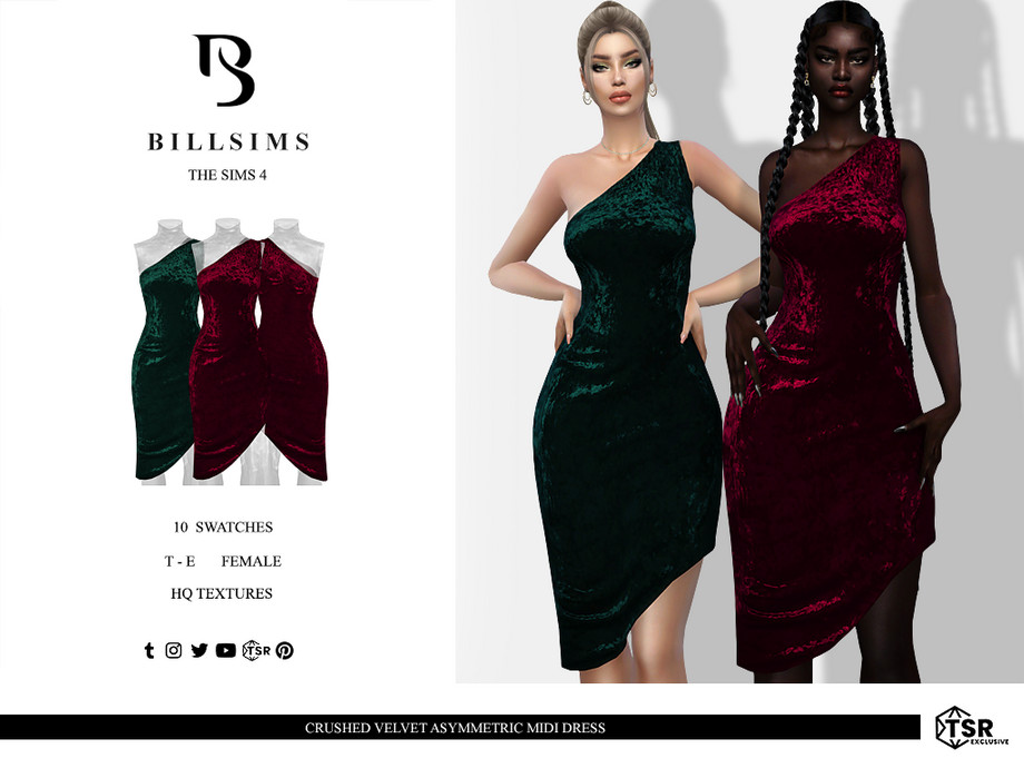 The Sims Resource - Crushed Velvet Asymmetric Midi Dress