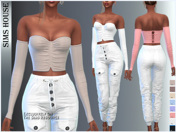 The Sims Resource - Off Shoulder Lace Up Knot Rib-knit Crop Top