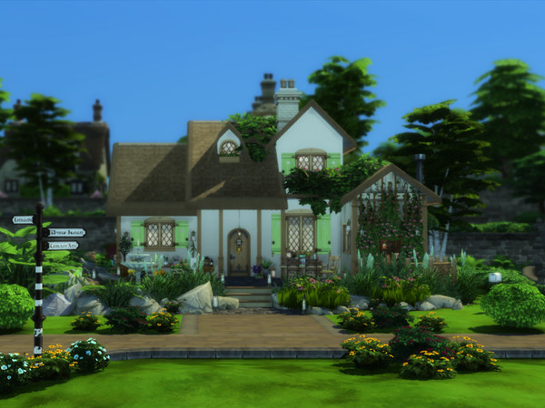Sims 4 — Finchwick Cottage no cc by sgK452 — Thatched cottage, small but also spacious, ideal for a couple. Small pond