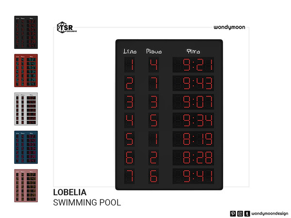 Sims 4 — Lobelia Scoreboard by wondymoon — Let your Sims enjoy swimming with Lobelia olympic swimming pool equipments and