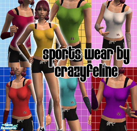 Sims 2 — Dancewear by superstarsist — This set of sportswear contains 7 recolours. Each have black shorts and a bright