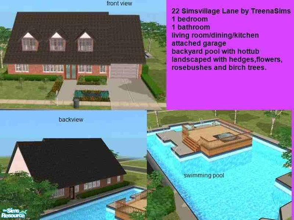 Sims 2 — 22 Simsvillage Lane by treenasims — This one bedroom,one bathroom brick home comes with swimming pool,hottub,and