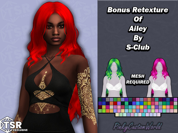 Sims 4 — Bonus Retexture of Ailey hair by S-Club by PinkyCustomWorld — Long wavy alpha hairstyle originally made by