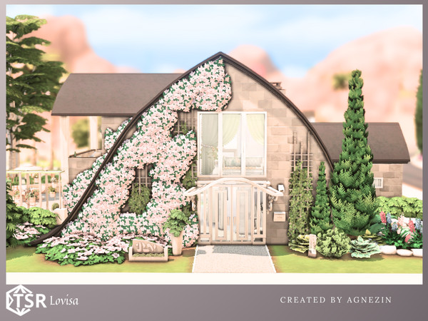 Sims 4 — Lovisa by Agnezin — A modern villa with a fancy roof shape. The property is in beige, gray and brown colors,