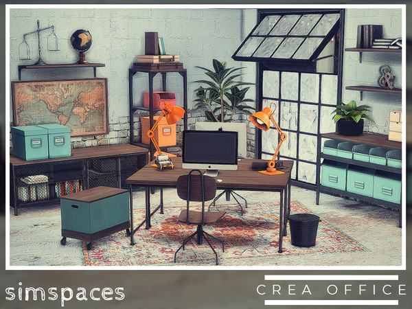 Sims 4 — Crea Office - small container group by simspaces — A simple, industrial-influenced office set where your hard