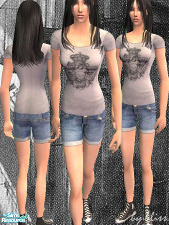 Sims 2 — everytime outfit. by bliss. — grey shirt & denim hot pants with converse chucks. will work for adults and