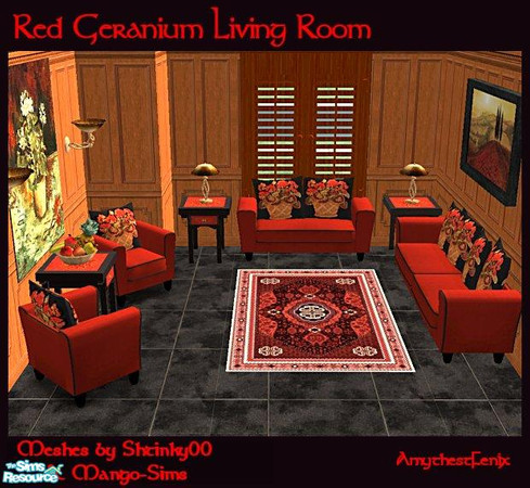 Sims 2 — Red Geranium Living Room by amythestfenix — A new recolor of the lovely Arizona set by shtinky00. Paintings use