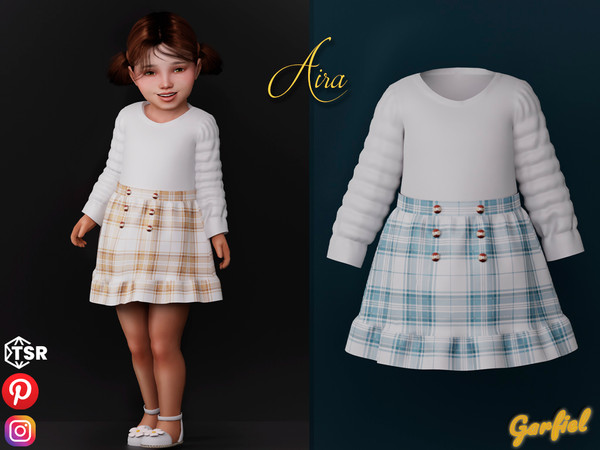 The Sims Resource - Aira - Dress with puffed sleeves and plaid skirt