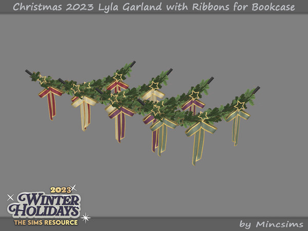 Sims 4 — Christmas 2023 Lyla Garland with Ribbons for Bookcase by Mincsims — Fluffy bedding and a wooden touched