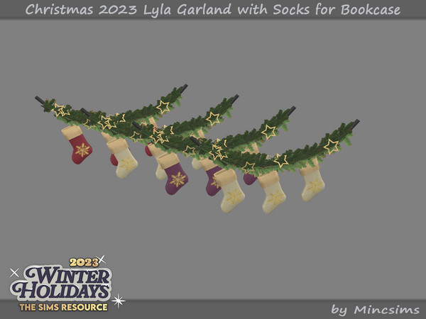 Sims 4 — Christmas 2023 Lyla Garland with Socks  for Bookcase by Mincsims — Fluffy bedding and a wooden touched