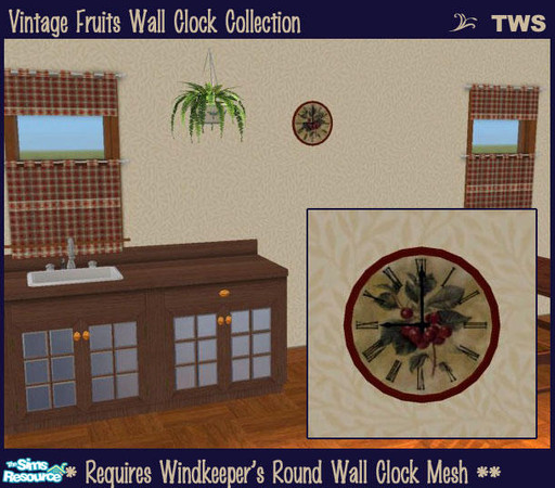 Sims 2 — Vintage Fruits Clock Collection by wildstar24 — Five elegant wall clocks depicting vintage fruit artwork.