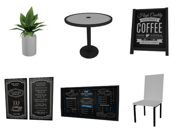 Sims 4 — FRC Menu [The Coffee Shop Essentials Set] by FatalRose47 — Open up a lovely sleek coffee shop with these modern