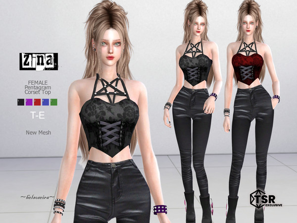 Sims 4 — ZINA - Pentagram Corset Top by Helsoseira — Style - Goth pentagram lace up corset top