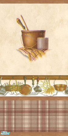 Sims 2 — Kitchen 2 by devilishdawn — A border of pots and pans on a 2-tone beige and plaid paper