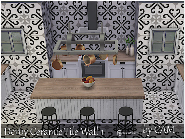 Sims 4 — [CAM]DerbyCeramicTileWall.package by coll22 — A black, grey, and white patterned-tile wall and floor set.