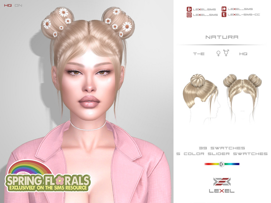 top knot buns with small flower accessories worn by a female sim in sims 4. 