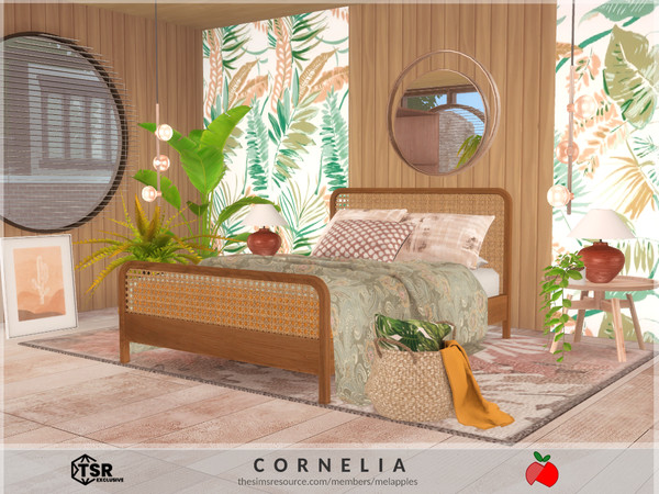 Sims 4 — Cornelia bedroom by melapples — a bedroom with a bright and bold wallpaper and round windows. 7x8