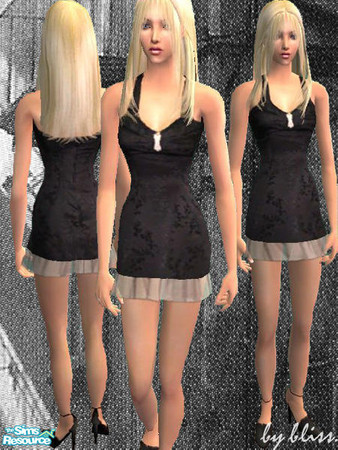 Sims 2 — black satin. by bliss. — elegant, short black dress with lace trim & flower pattern. requires chrikos mesh