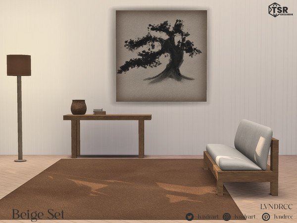 Sims 4 — Beige Painting by LVNDRCC — Living room set, with minimalist wood and light fabrics in three shades of beige and