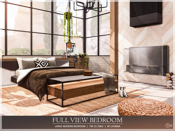 Sims 4 — Full View Bedroom - TSR CC only by Lhonna — Large, comfortable modern bedroom with big windows. The room is