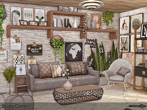Sims 4 — Study Corner by Nessca — Study Corner is a modernist, elegant office. You can develop your painting and chess