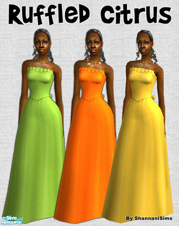 Sims 2 — Ruffled Citrus! by Shannanigan — Bright Citrus Colored Gowns with Ruffles and Bow. Requires my "Couture