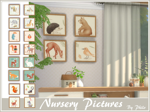 Sims 4 — Philo_Sam Nursery Pictures by philo — With its soft tone and floral patterns picturing cute animals this nursery