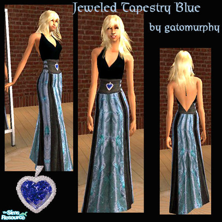 Sims 2 — Blue Jeweled Tapestry Gowns - gm by gatomurphy — This dark velvet gown with skirt inset with silk tapestry is