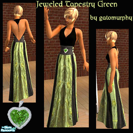 Sims 2 — Green Jeweled Tapestry Gowns - gm  by gatomurphy — This dark velvet gown with skirt inset with silk tapestry is