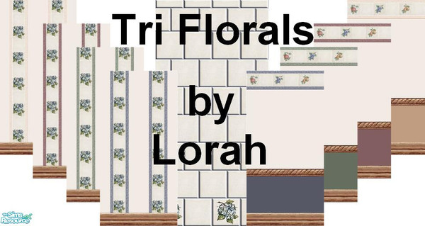 Sims 2 — Tri Florals by Lorah — Floral tile, wallpaper and border with blue, cream, green or pink paint. Matching tiled