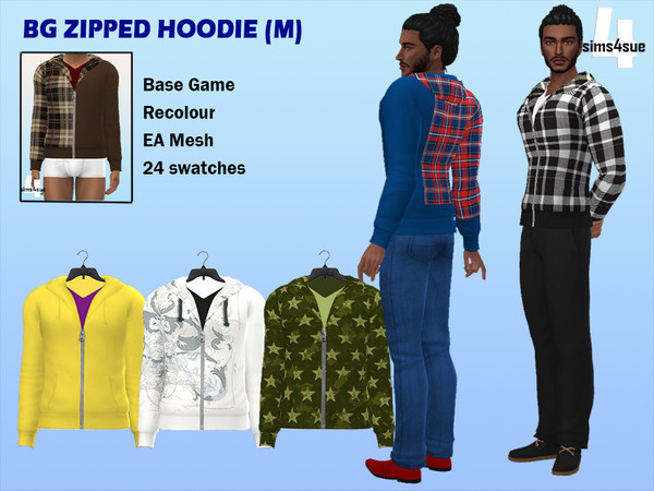 Sims 4 — BG Zipped Hoodie (M) by sims4sue — Base Game mens hoodie with 16 patterns and 8 plain colours.