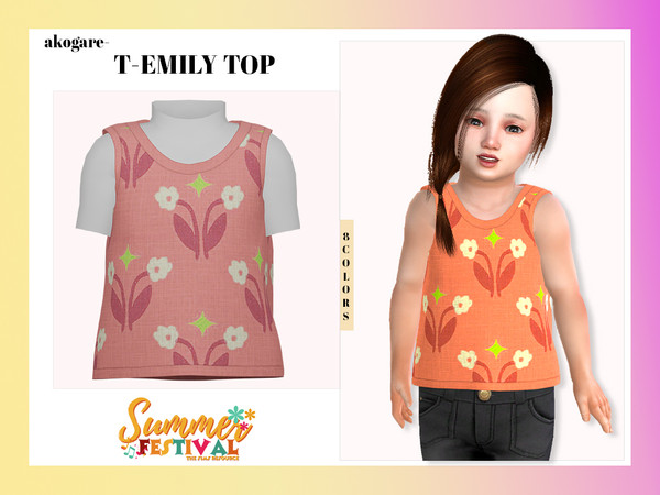 Sims 4 — T-Emily Top by _Akogare_ — Akogare T- Emily Top -8 Colors - New Mesh (All LODs) - All Texture Maps - HQ