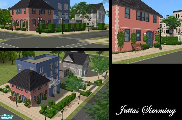 Sims 2 — Small Shopping area by juttaponath — Contains: Clothing Store Video Store Restaurant Supermarket Parfume Shop.