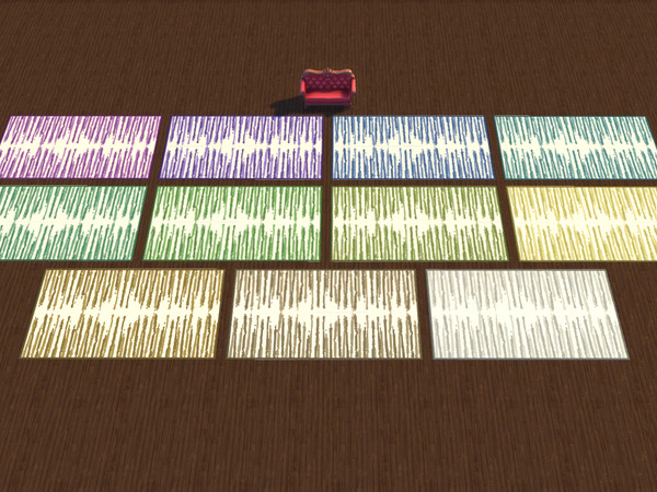 Sims 4 — 5x3 Coloured Texture Rugs by ValantheM — Colorful rugs to decorate your home. Base game couches used for scale.
