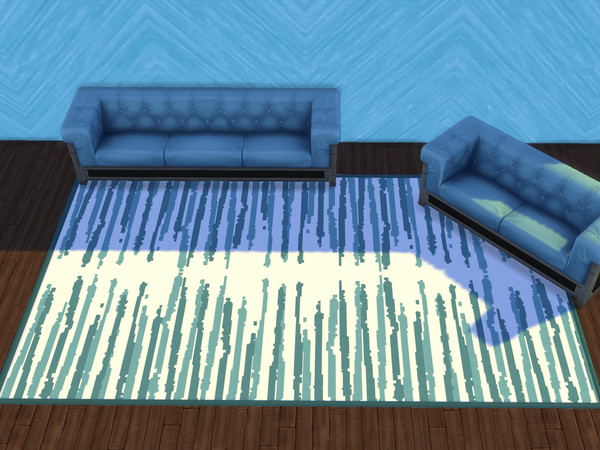 Sims 4 — Textured Medium Rugs by ValantheM — Colorful rugs to decorate your home. Base game couches used for scale.