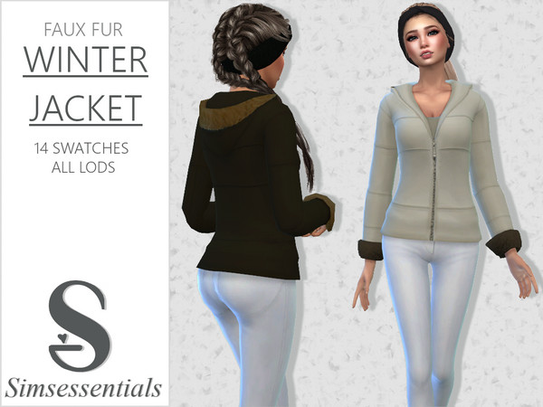 Sims 4 — Faux Fur Winter Jacket by Simsessentials — A winter jacket with zipper closure at front. Faux fur on the hood