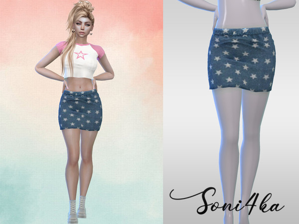 Sims 4 — Denim skirt by Soni4kaaaa — Denim skirt with star pattern.