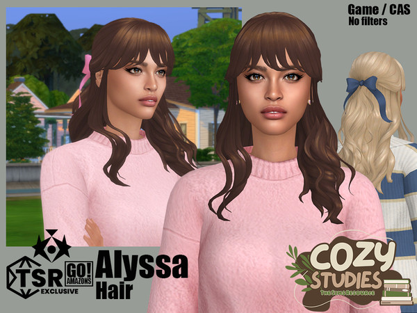 Sims 4 — GOAmazons_AlyssaHair_AccRecolor (Cozy Studies).package by GoAmazons — Half-up hairstyle for wavy hair with a