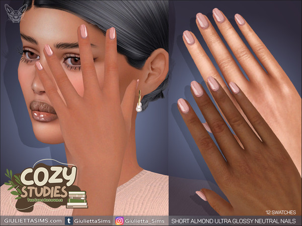 Sims 4 — Cozy Studies - Short Almond Ultra Glossy Neutral Nails by feyona — Cozy Studies - Short Almond Ultra Glossy