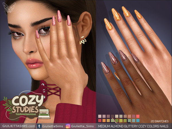 Sims 4 — Cozy Studies - Medium Almond Glittery Cozy Colors Nails by feyona — Cozy Studies - Medium Almond Glittery Cozy