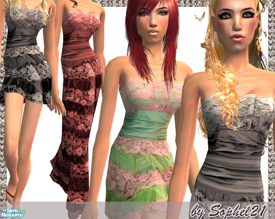 Sims 2 — SO_TeenCollection_016 by Sophel21 — set of 4 dresses with laces. In two versions: long and short skirt (for the
