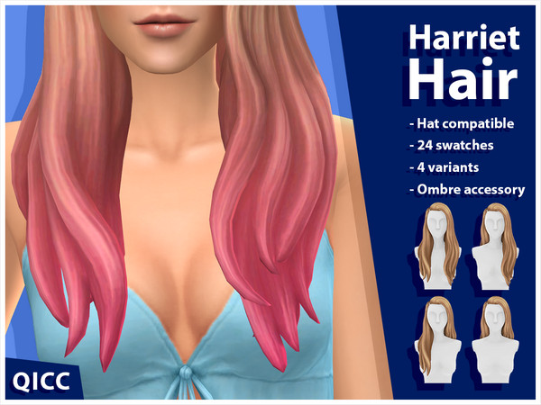 Sims 4 — Harriet Hair Ombre Accessory by qicc — A long deep side-part hairstyle that comes in 4 variants. This is an