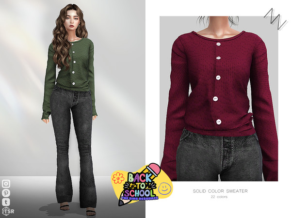 Sims 4 — SOLID COLOR SWEATER by ZNsims — long sleeves, sweater, slim-fit, buttons, casual