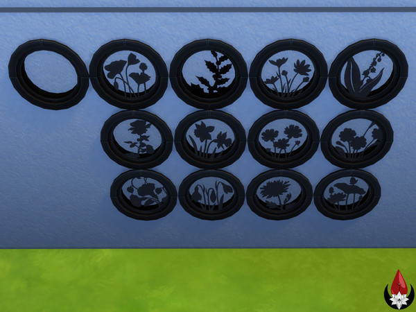Sims 4 — Silhouette Birth Flowers Window - Brown [DS] by Dark Song — Small circle window with silhouette birth flowers.