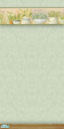 Sims 2 — NK Sintesi Study Green - Wall by MoMama — A green wall with a border of plants and a baseboard of medium wood.