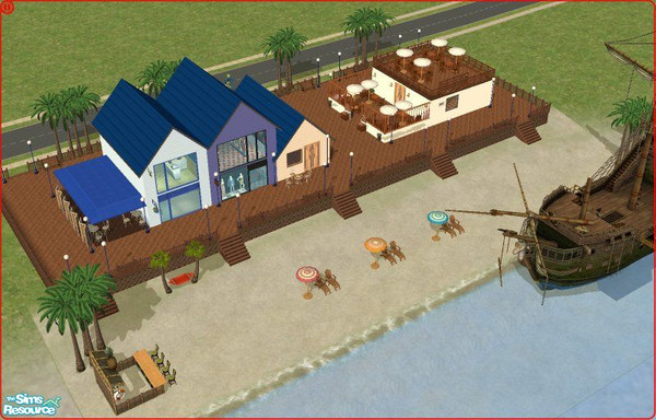 Sims 2 — Beach boardwalk by Songe — This simple community lot has everything you need - pet shop, electronics, clothing