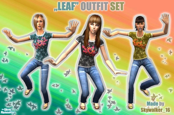 Sims 2 — \"Leaf\" Outfit Set by skywalker_16 — This is a set of three pretty tops and jeans in three colours: