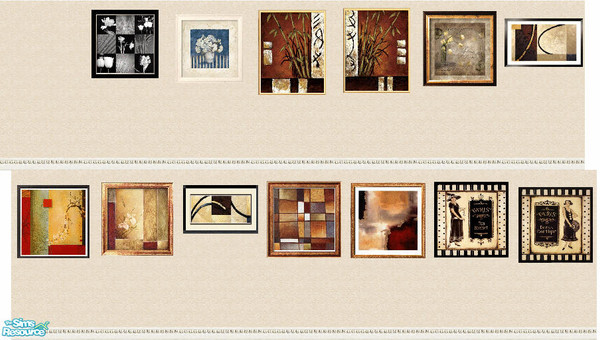 Sims 2 — picture frame wall set by skinflin — cream wall grey moulding,multi modern picture frames..
