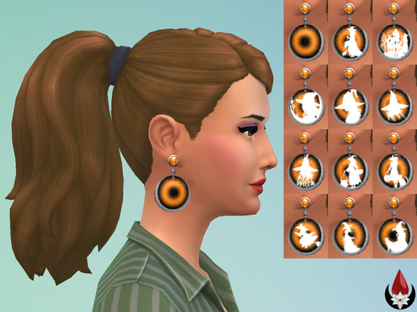 Sims 4 — round earrings big - orange.package by Dark Song — Earrings with a colored background and witchy designs.