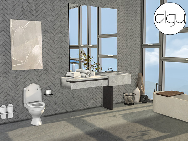 Sims 4 — [algu] modern bathroom set - mirror by ALGU — washbasin, toilet, pile of towels, towel basket, mirror.